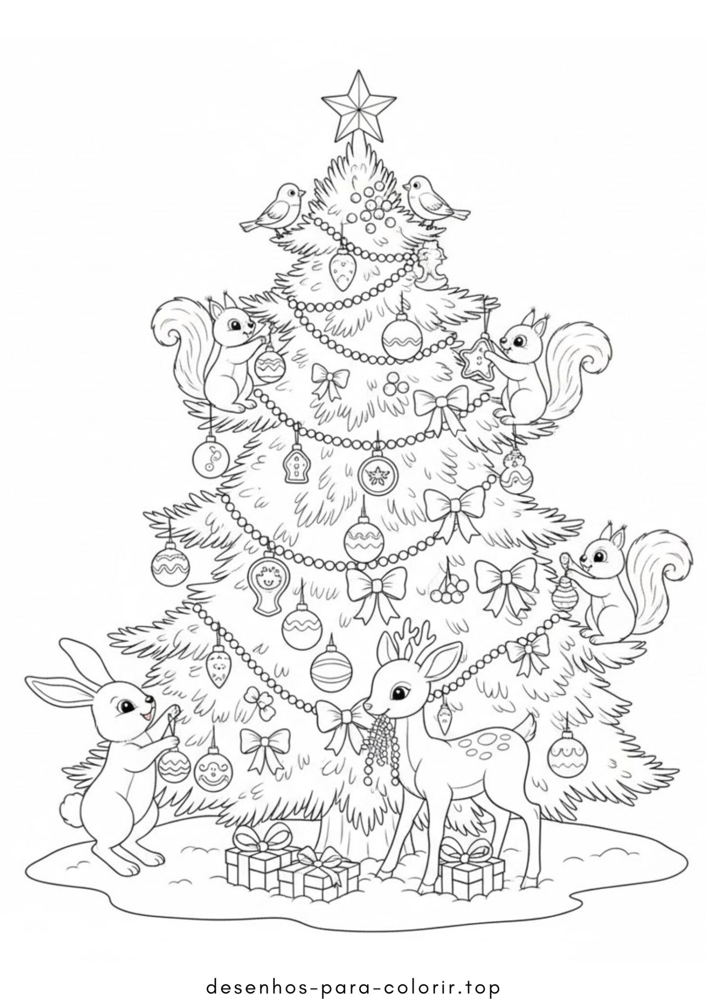 Desenhos de A árvore de Ano Novo está decorada com animais para Colorir Desenhos de A árvore de Ano Novo está decorada com animais para Colorir