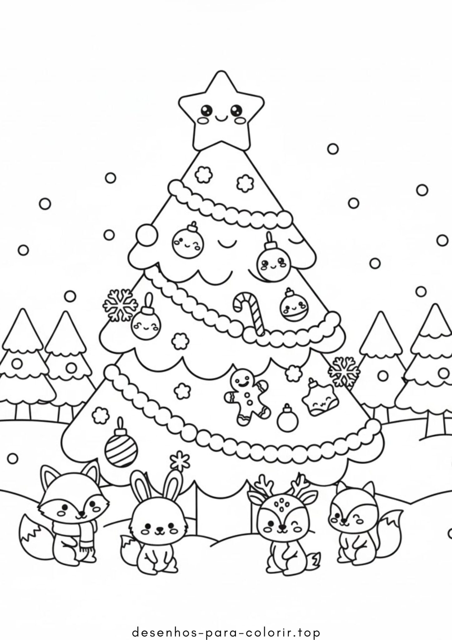 Desenhos de Árvore de Natal kawaii com animais para Colorir Desenhos de Árvore de Natal kawaii com animais para Colorir
