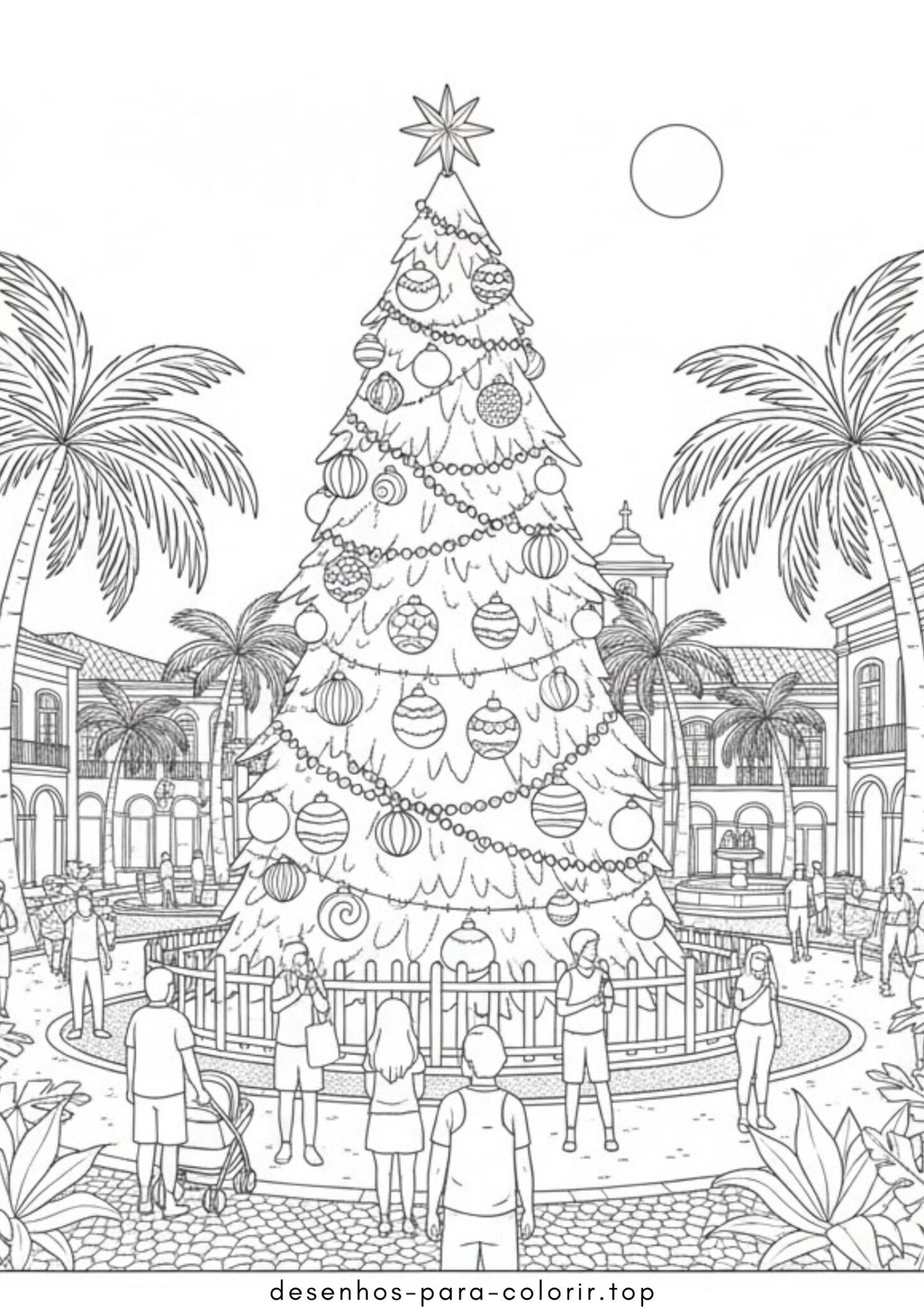 Desenho de Árvore de Natal na praça para colorir e imprimir