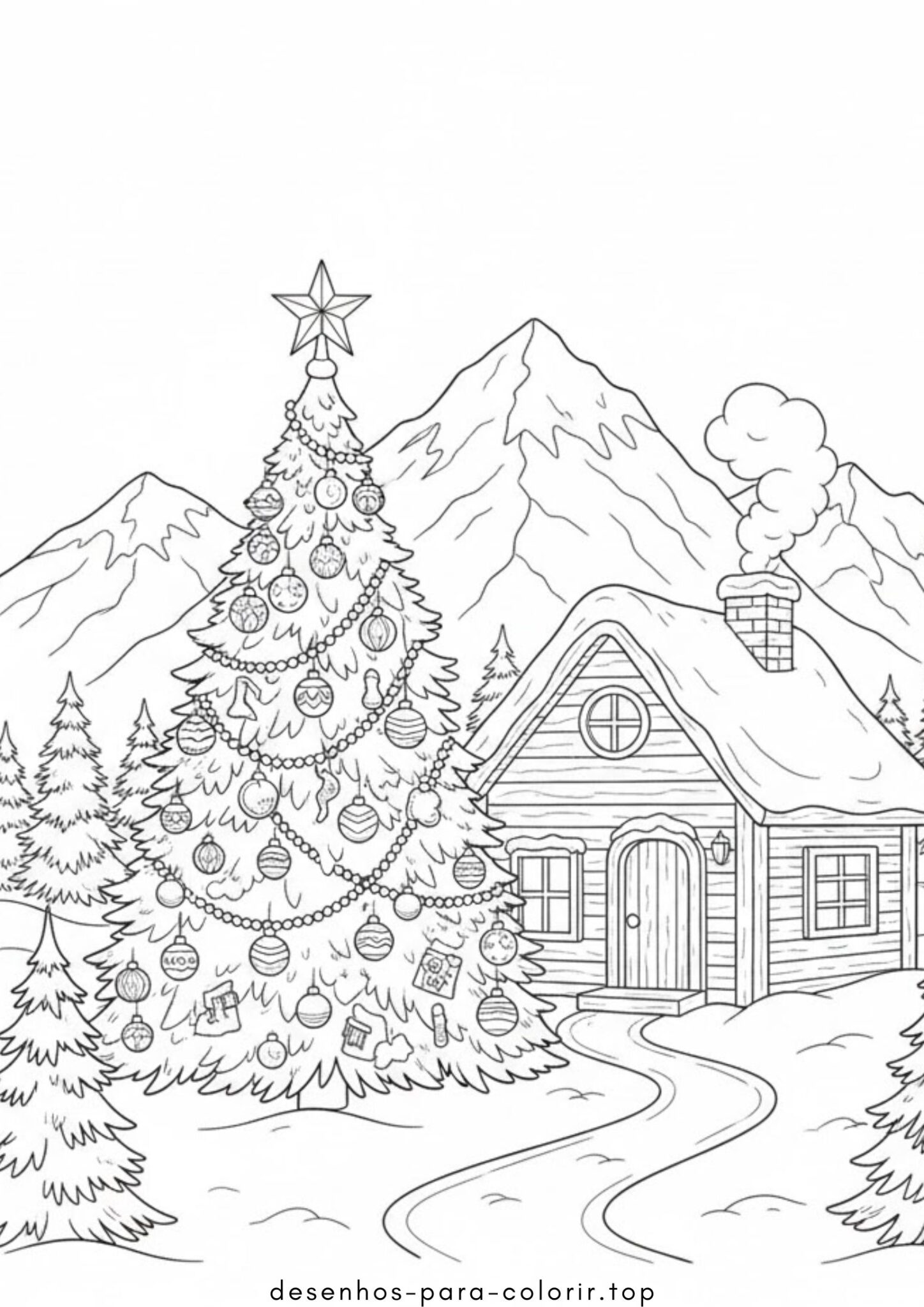 Desenhos de Árvore de Natal perto da casa do Papai Noel para Colorir Desenhos de Árvore de Natal perto da casa do Papai Noel para Colorir