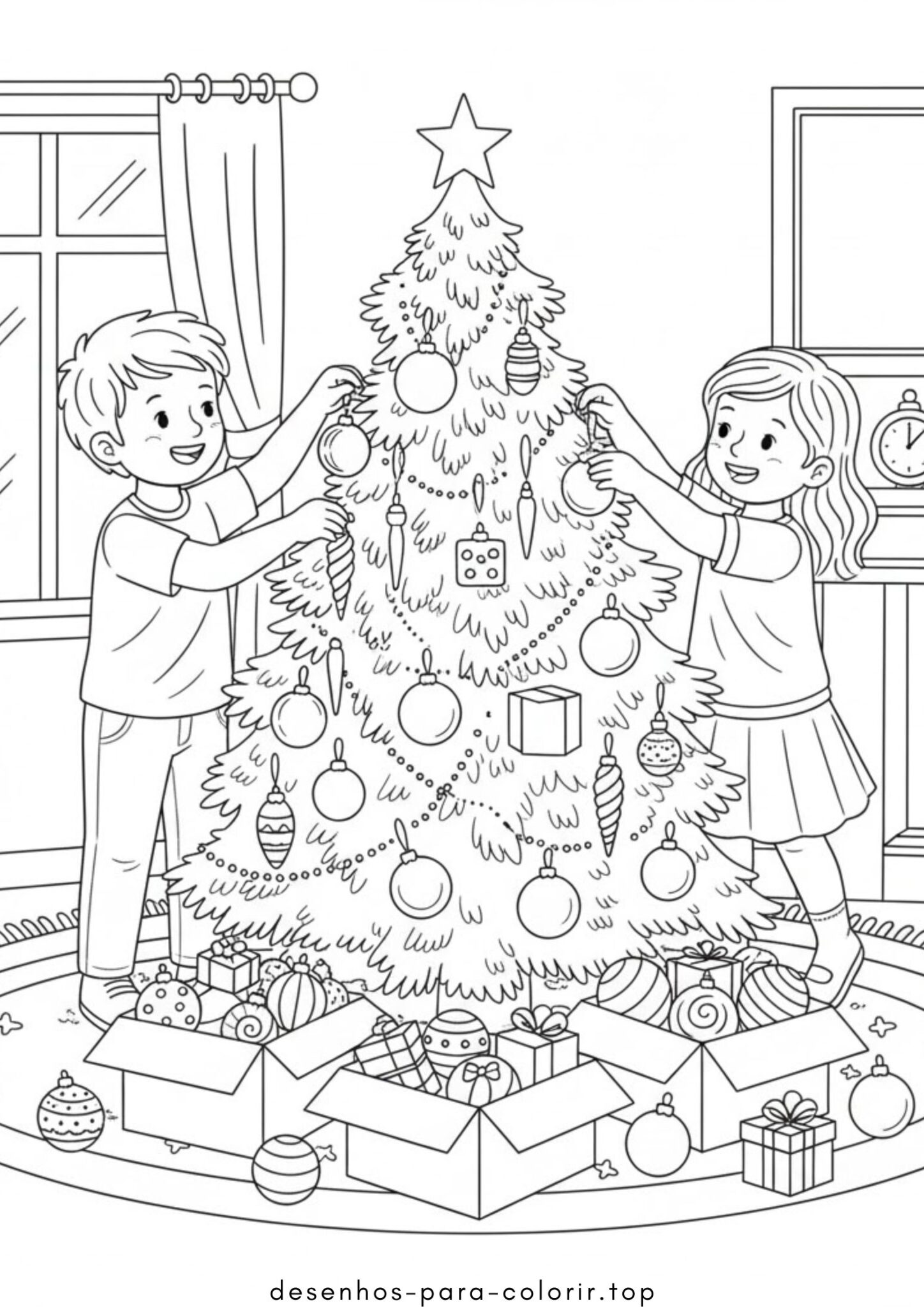 Desenhos de Crianças decorando uma árvore de Natal para Colorir Desenhos de Crianças decorando uma árvore de Natal para Colorir