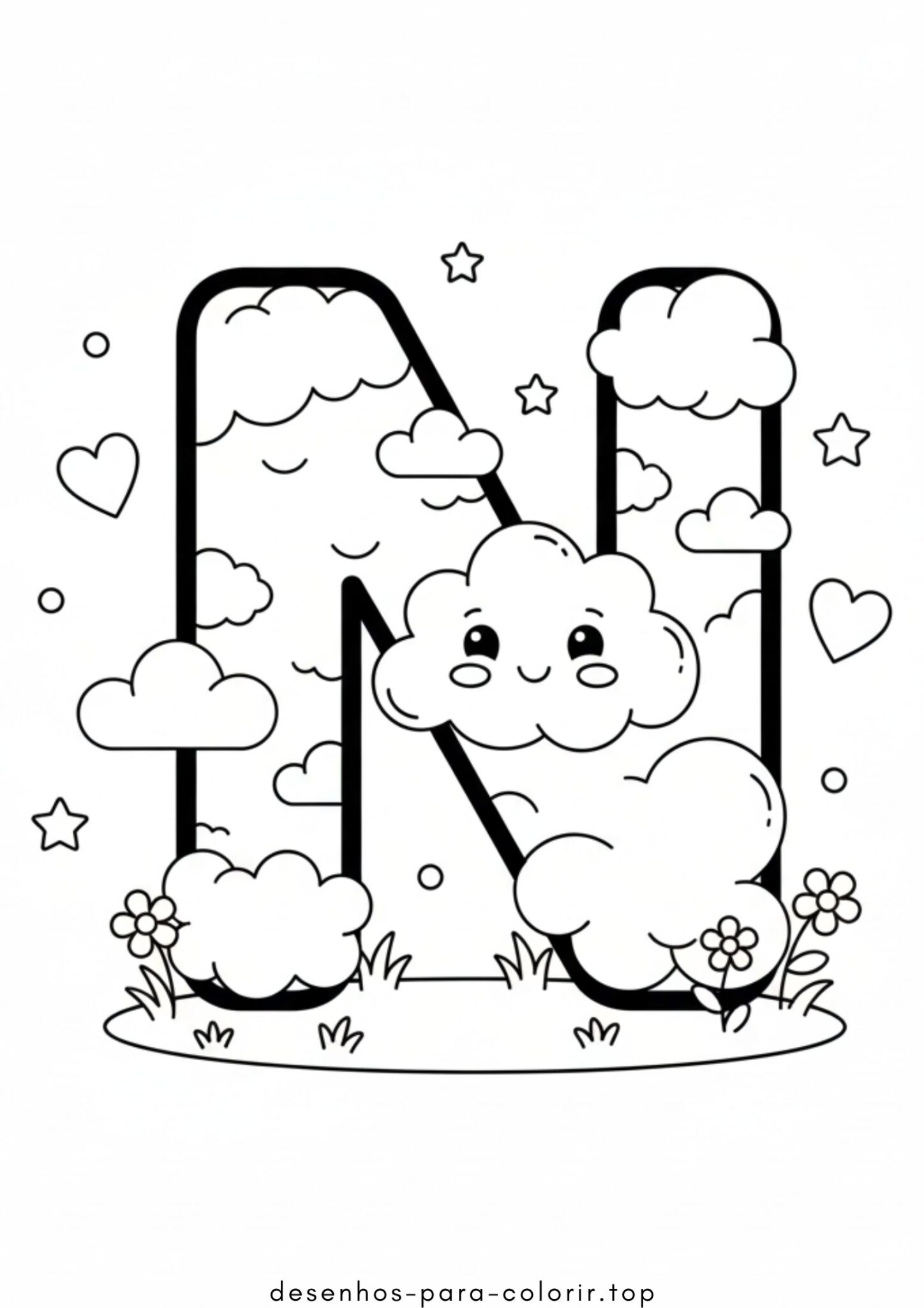Desenho de Letra N – Nuvem para colorir e imprimir Desenho de Letra N – Nuvem para colorir e imprimir