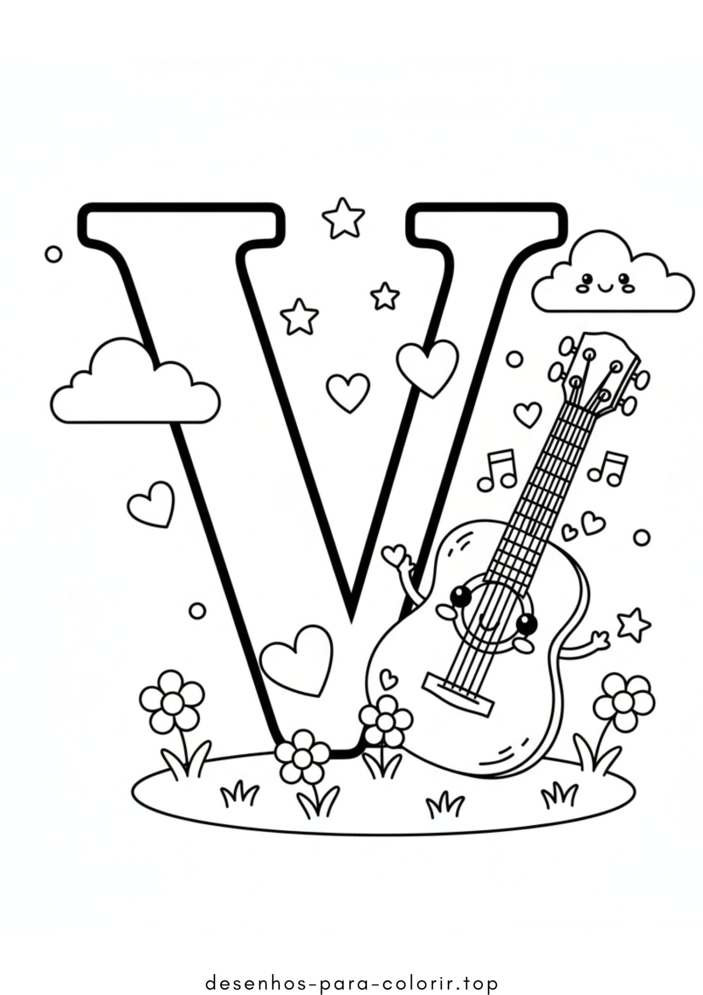 Desenho de Letra V – Violão para colorir e imprimir Desenho de Letra V – Violão para colorir e imprimir