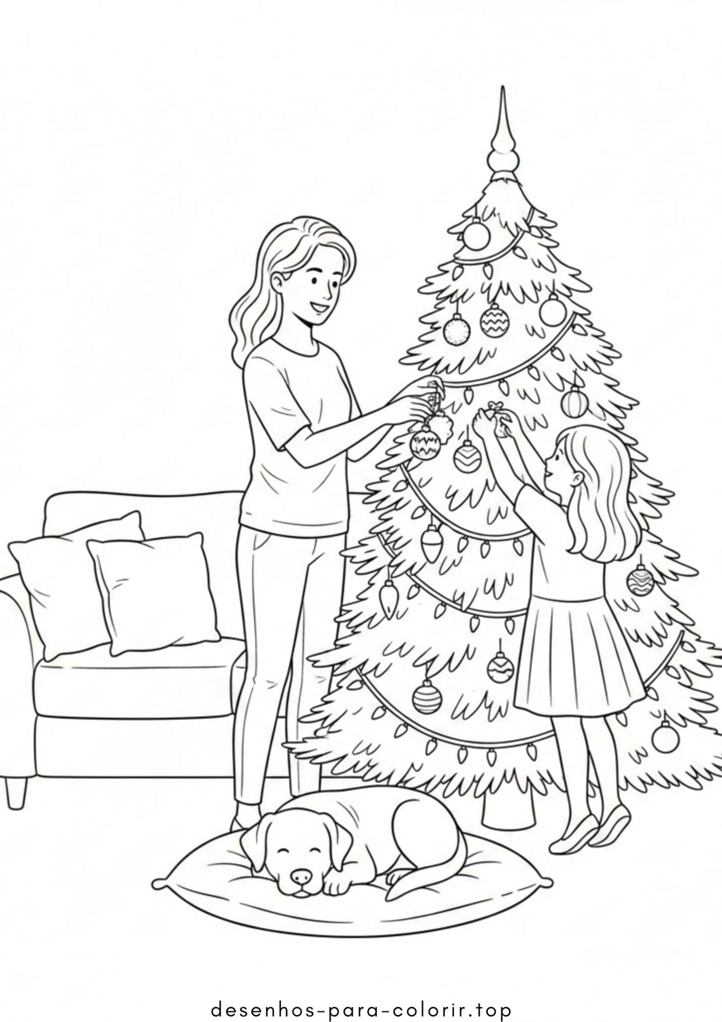 Desenhos de Mãe e filha decorando uma árvore de Natal para Colorir Desenhos de Mãe e filha decorando uma árvore de Natal para Colorir