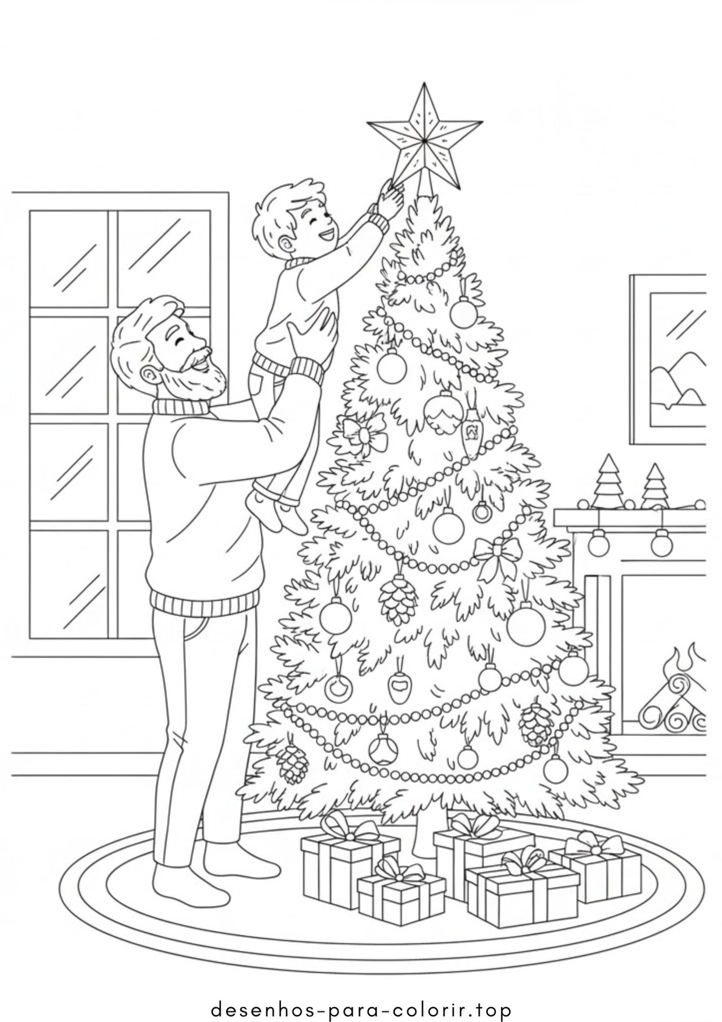 Desenhos de Pai e filho decorando uma árvore de Natal para Colorir Desenhos de Pai e filho decorando uma árvore de Natal para Colorir