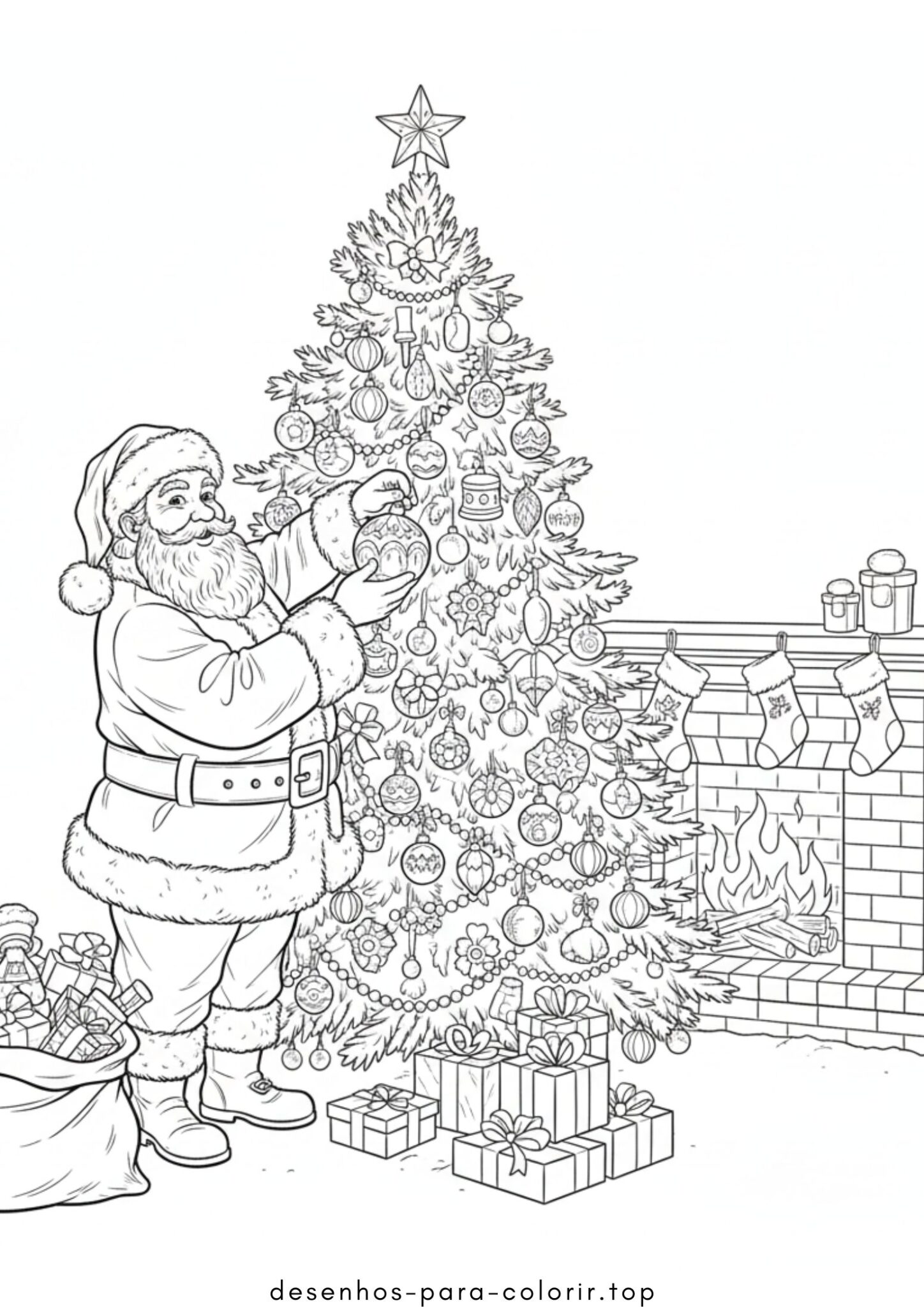 Desenhos de Papai Noel decorando a árvore de Natal para Colorir
