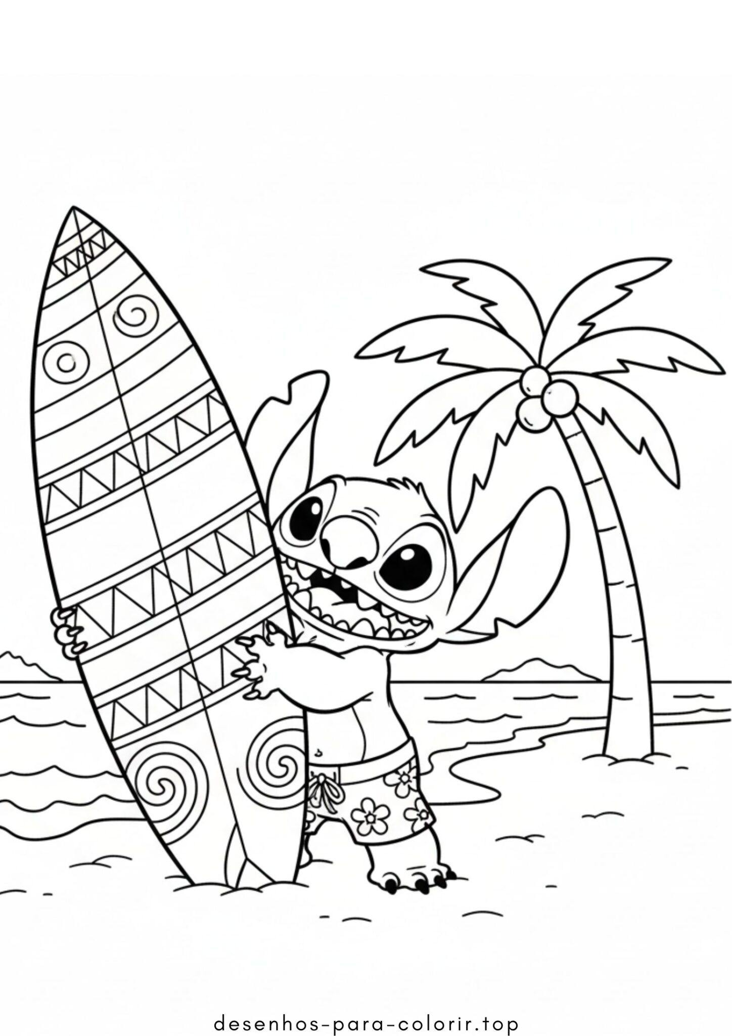 Desenho de Stitch com uma prancha de surfe para colorir e imprimir