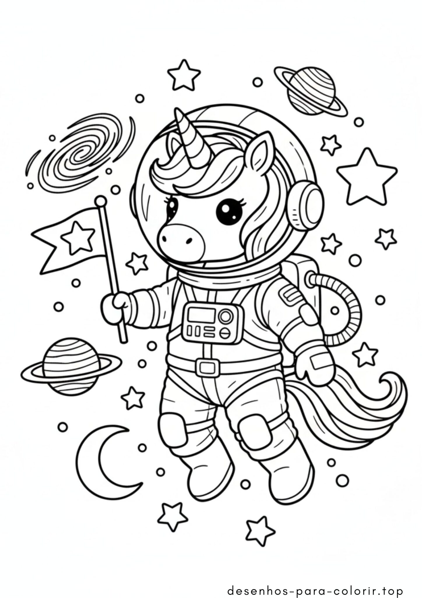 Desenho de Unicórnio Astronauta no Espaço para colorir e imprimir Desenho de Unicórnio Astronauta no Espaço para colorir e imprimir