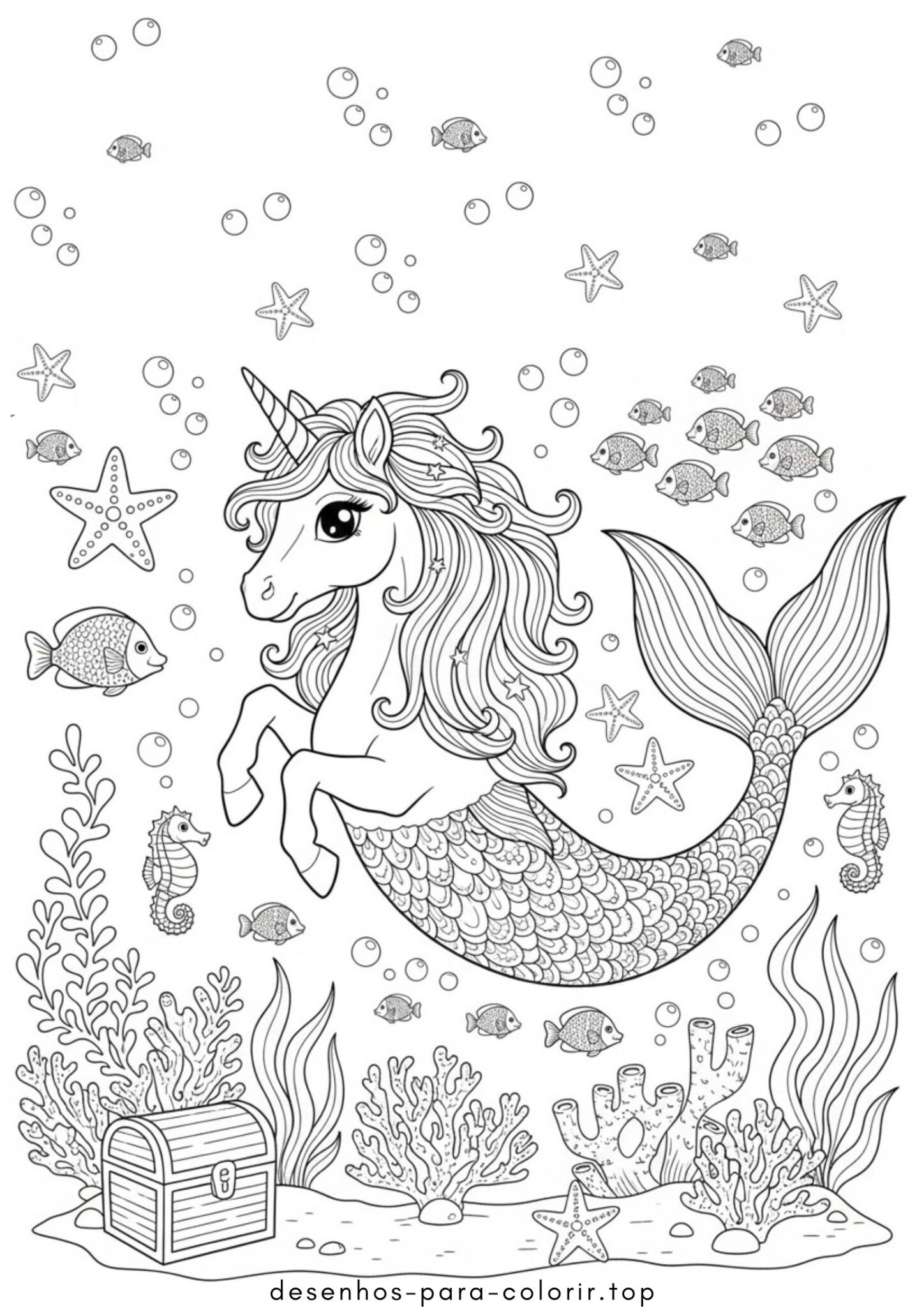 Desenho de Unicórnio Sereia no Fundo do Mar para colorir e imprimir Desenho de Unicórnio Sereia no Fundo do Mar para colorir e imprimir