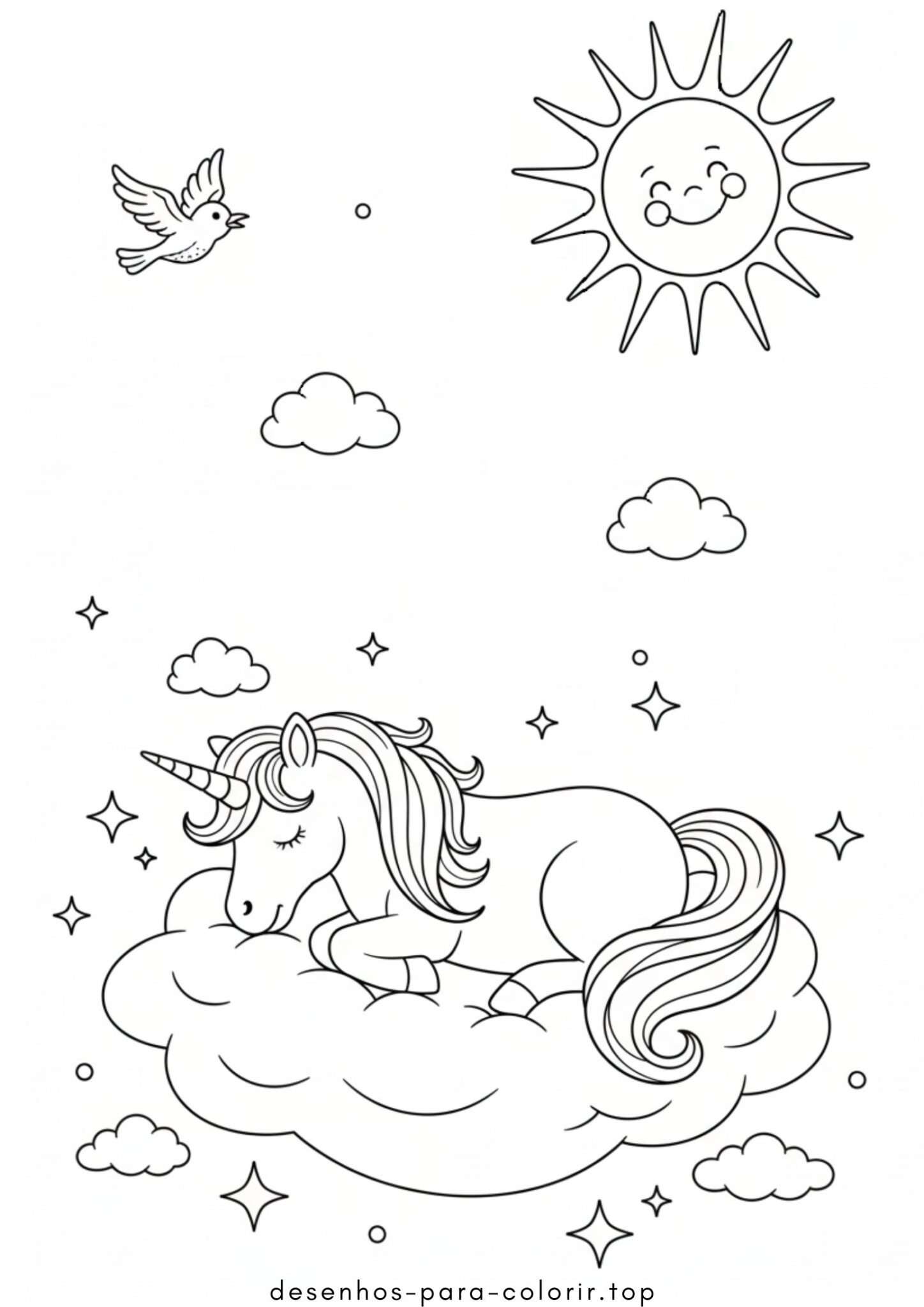 Desenho de Unicórnio Sonhando nas Nuvens para colorir e imprimir Desenho de Unicórnio Sonhando nas Nuvens para colorir e imprimir