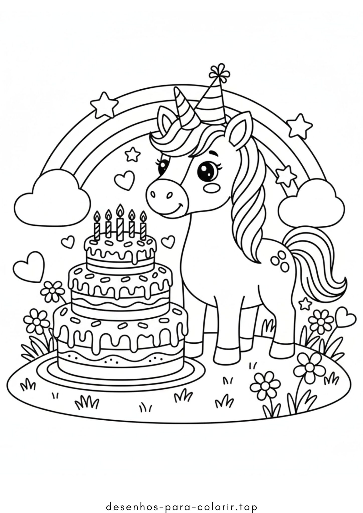 Desenho de Unicórnio com Bolo de Aniversário para colorir e imprimir Desenho de Unicórnio com Bolo de Aniversário para colorir e imprimir