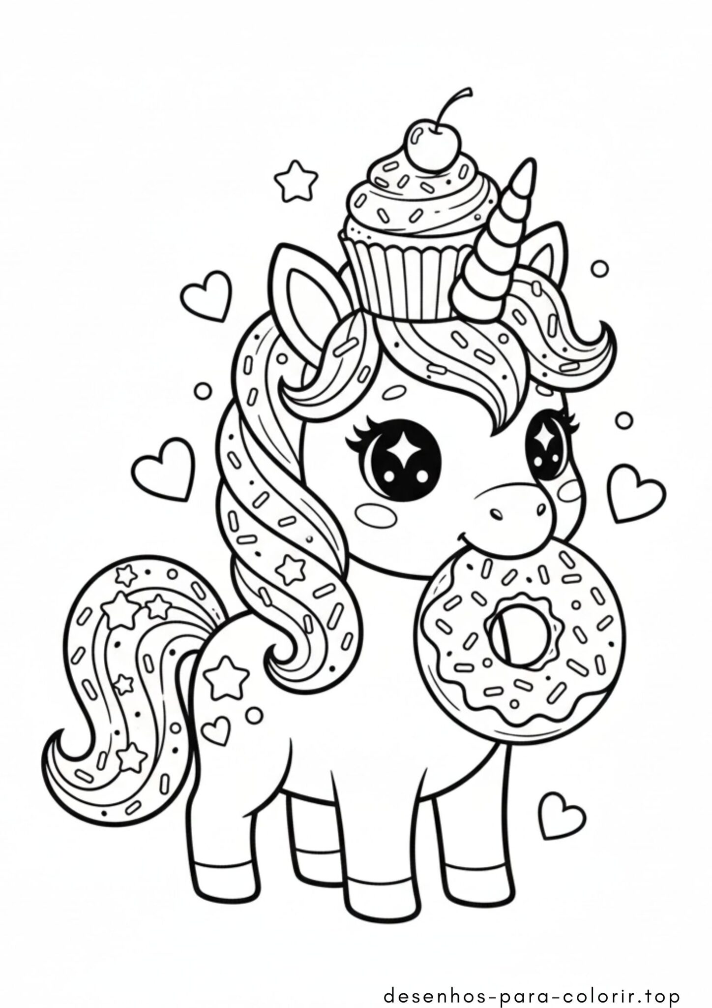 Desenho de Unicórnio com Cupcake e Donut para colorir e imprimir Desenho de Unicórnio com Cupcake e Donut para colorir e imprimir