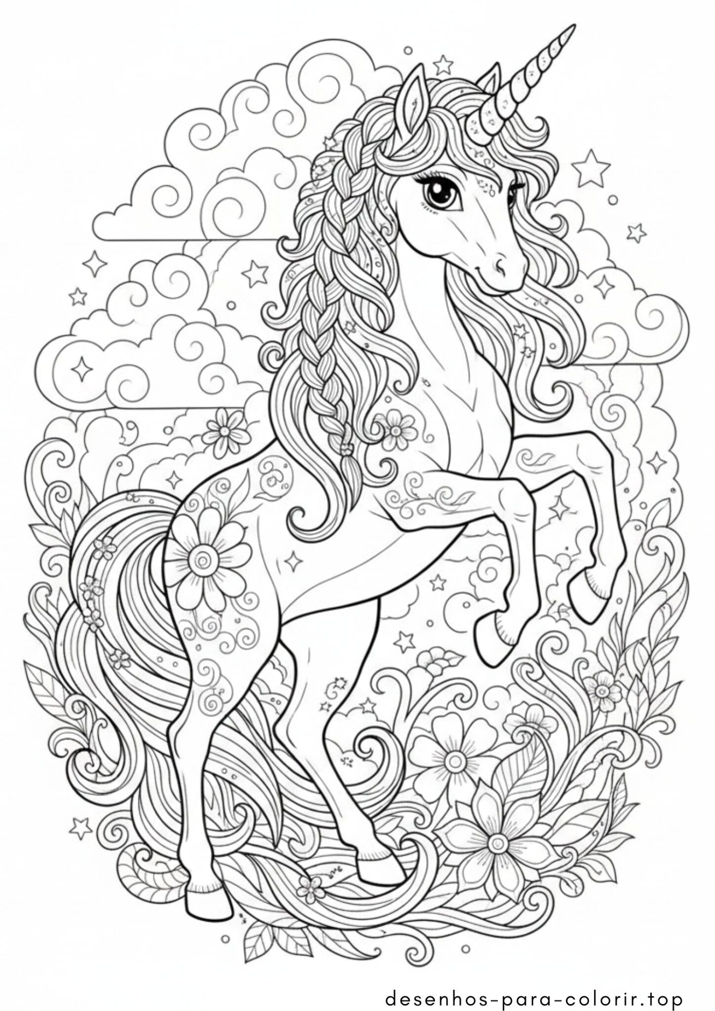 Desenhos de Unicórnio com Flores para Colorir