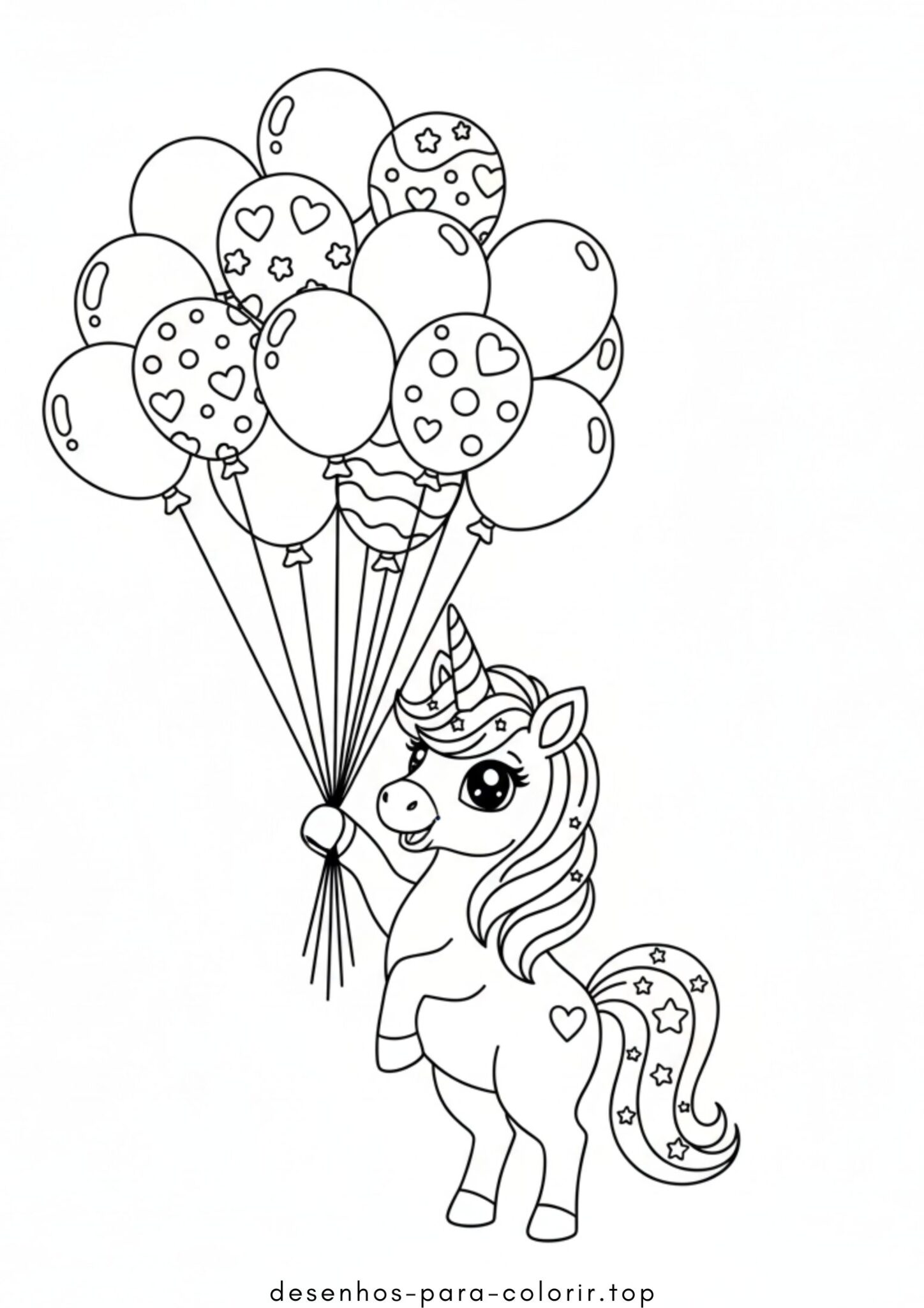 Desenho de Unicórnio com balões para colorir e imprimir Desenho de Unicórnio com balões para colorir e imprimir