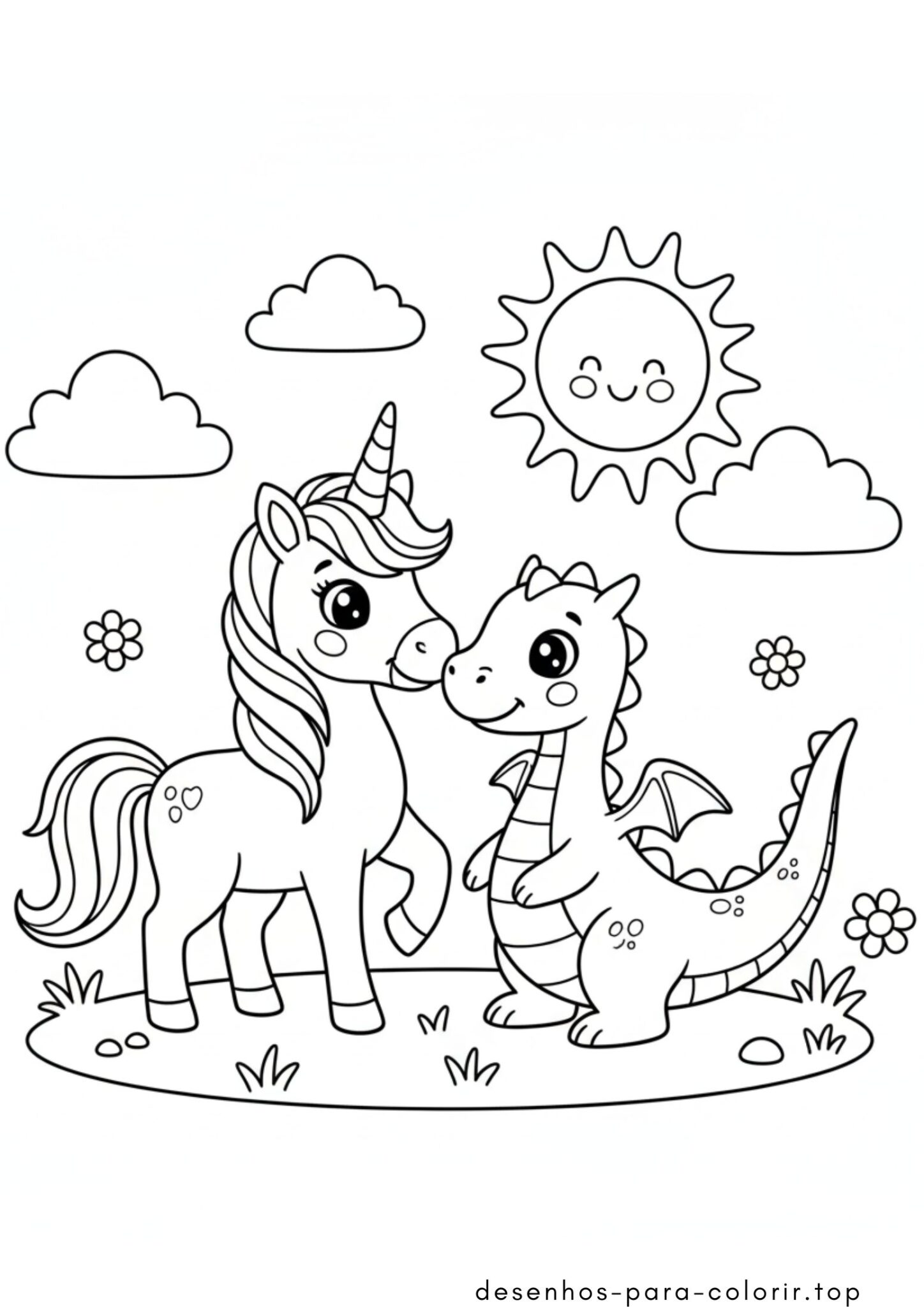Desenho de Unicórnio e Dragão Amigos para colorir e imprimir Desenho de Unicórnio e Dragão Amigos para colorir e imprimir