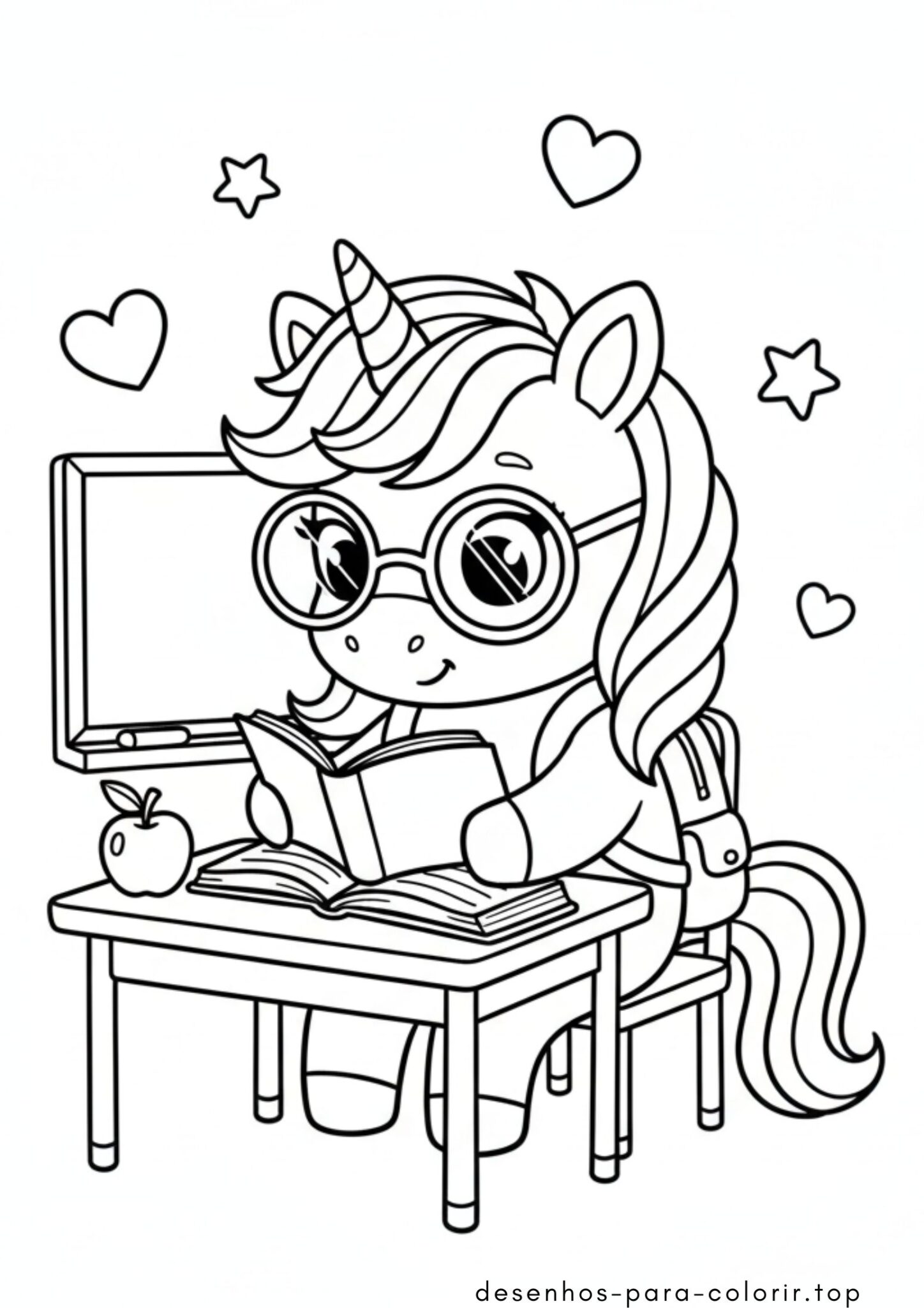 Desenho de Unicórnio escolar lendo livro para colorir e imprimir Desenho de Unicórnio escolar lendo livro para colorir e imprimir